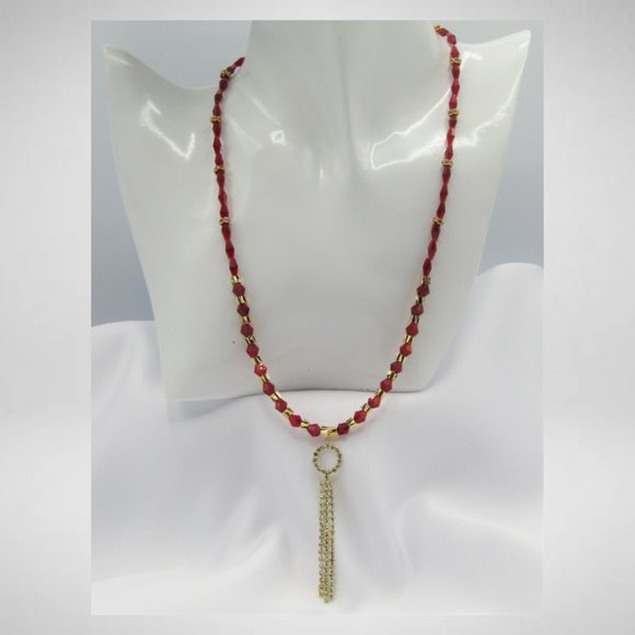 RED RHINESTONE TASSEL Beaded Jewelry Set - Picture 2 of 5